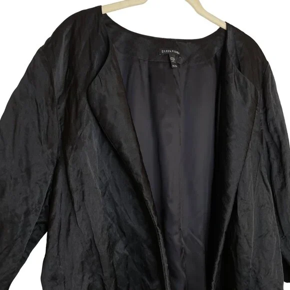 Eileen Fisher Black Open Front 3/4 Sleeve Crinkle Shiny Jacket, XL - Picture 3 of 7